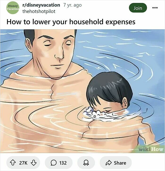 Man and child floating in water with child’s face submerged, a funny example of rewritten WikiHow captions.