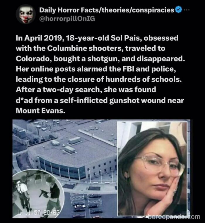 Text from Daily Horror Facts about Sol Pais linked to Columbine shooters, along with a photo and security footage, related to horror pill group.