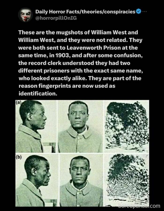 Two identical mugshots of William West with matching fingerprints, illustrating unsettling images from the horror pill group.