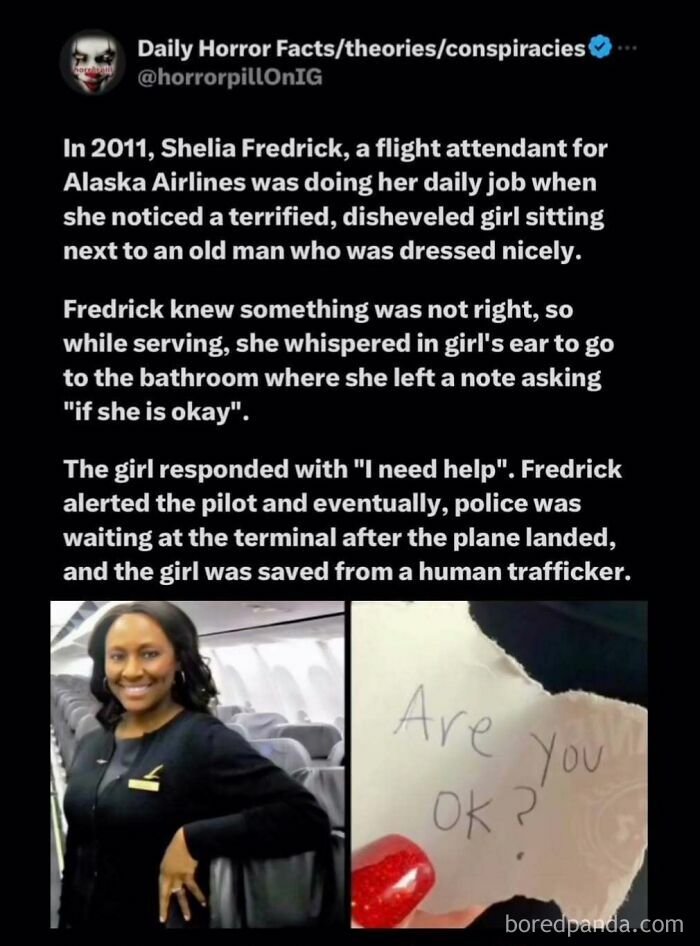 Flight attendant helps a girl escape human trafficking by leaving a note asking if she is okay horror pill unsettling images.