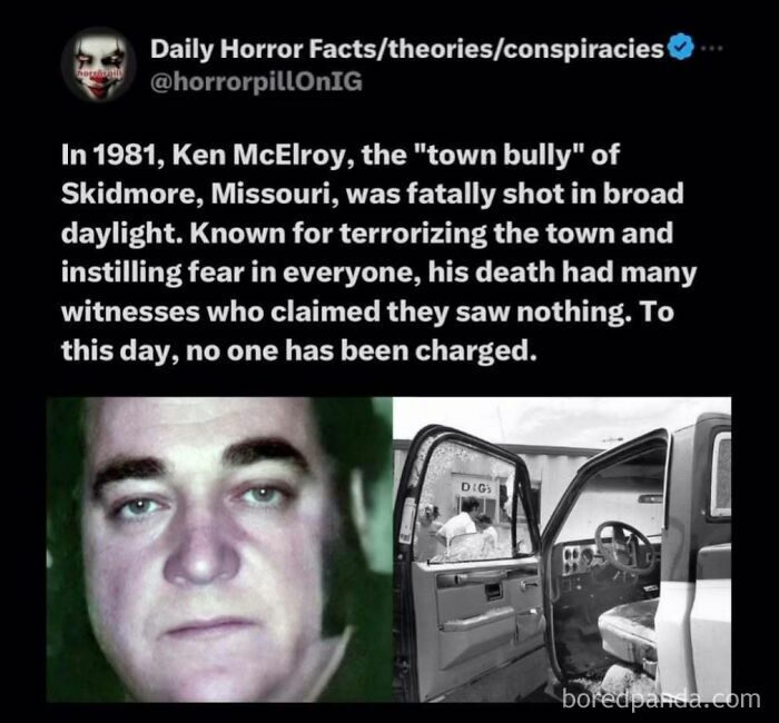 Close-up of a man’s face and an open truck door scene from a chilling horror pill online group story.