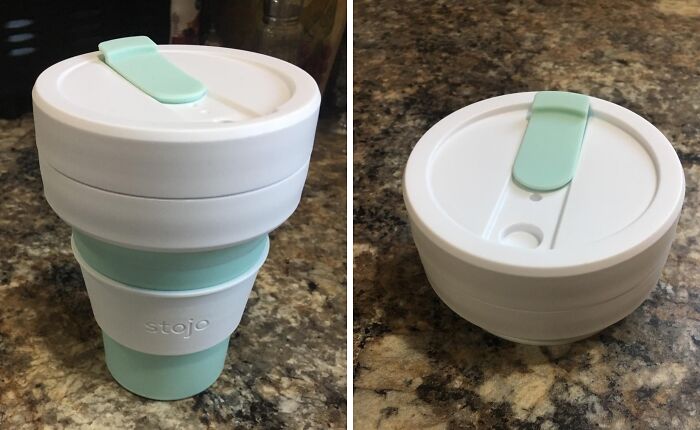 Collapsible travel cup in white and mint green, designed to reduce travel drama with expert-approved convenience.