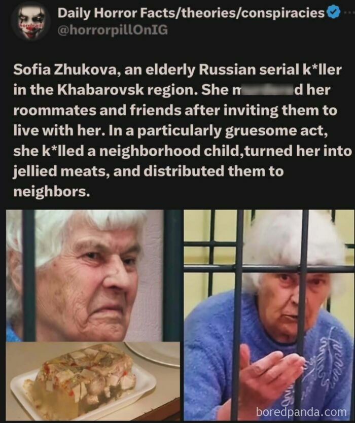 Elderly Russian serial killer behind bars with image of jellied meat, featured in horror pill online group content.