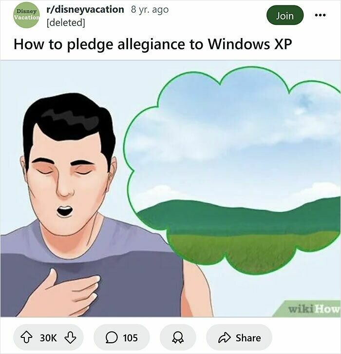 Man pledging allegiance with hand on chest and thought bubble showing a scenic landscape, from a humorous WikiHow caption rewrite.