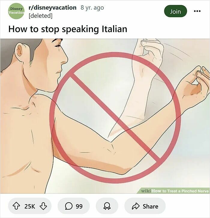 Man gesturing with fingers in Italian style with a red prohibition sign, a funny WikiHow caption rewrite example.