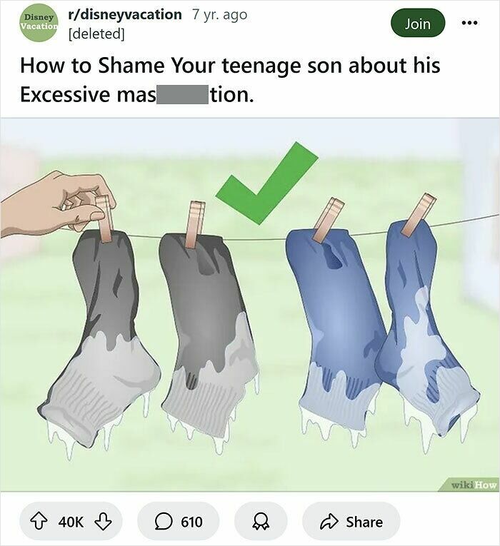 Funny wikiHow caption rewrite showing wet socks hanging on a clothesline with a green checkmark above them.