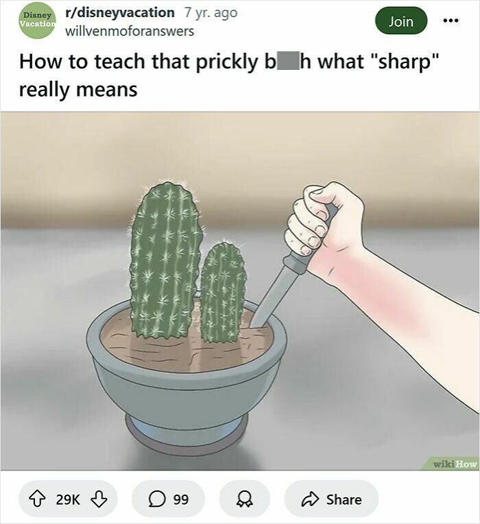 Hand holding knife near potted cacti in a humorous WikiHow caption rewrite making the image funnier.