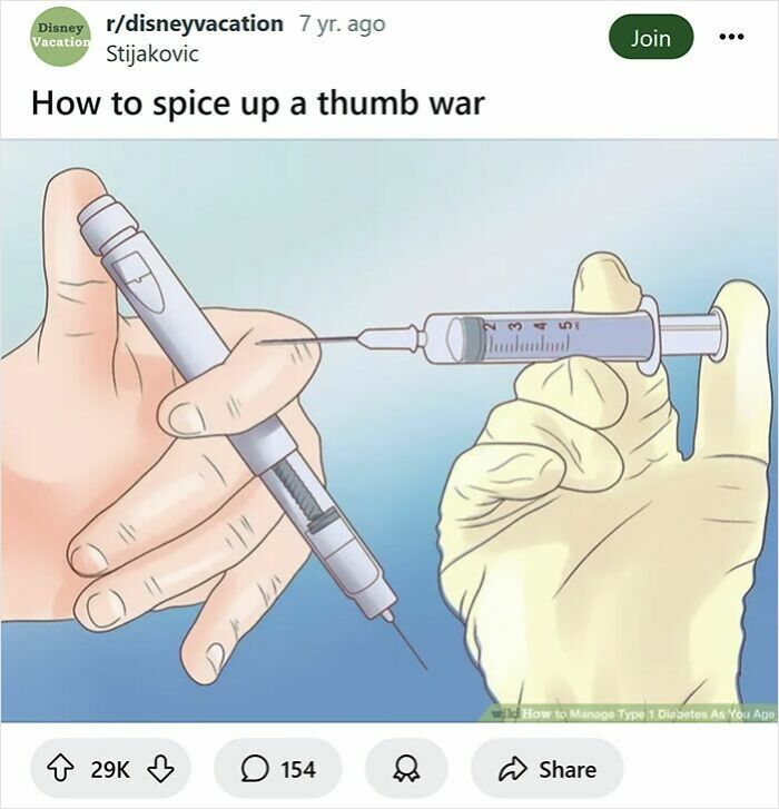 Illustration of a thumb war with one hand holding a syringe, showcasing funny rewritten WikiHow captions.