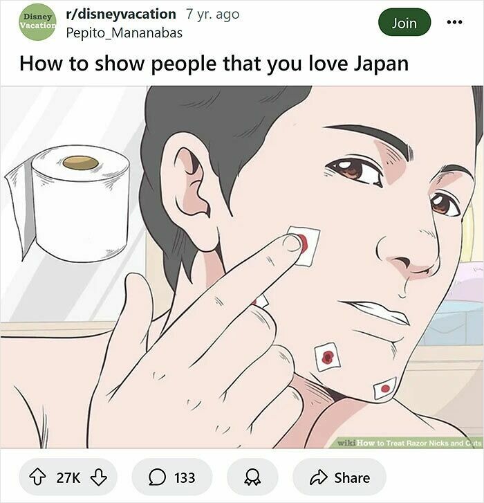 Person applying bandages with Japanese flag design on face, a humorous rewrite of WikiHow captions.