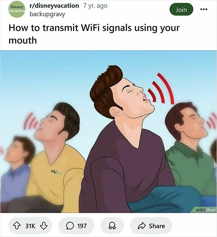 Illustration of people humorously transmitting WiFi signals using their mouths with a wikihow style caption rewrite.