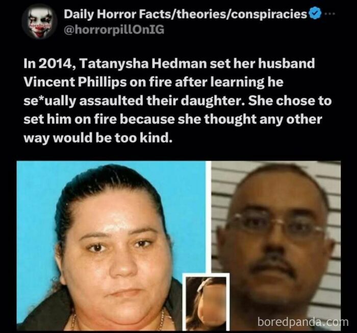 Post from horror pill group detailing a woman setting her husband on fire after a***e revelations with three photos.