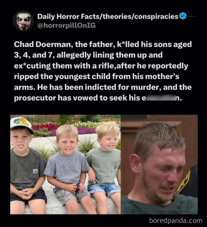Alt text: Disturbing post from horror pill online group showing tragic story and images of young boys and a distressed man.