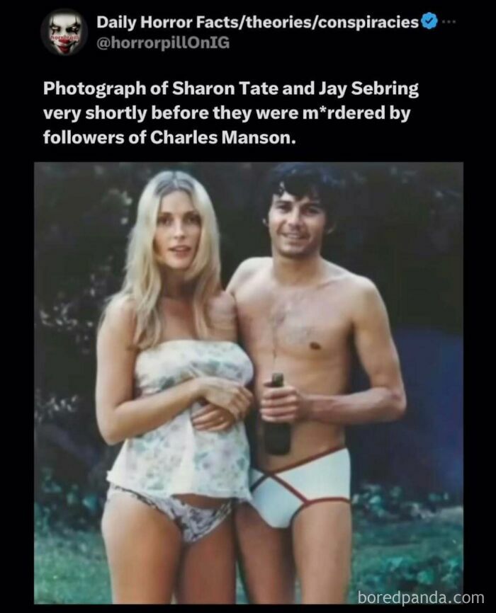 Photograph of Sharon Tate and Jay Sebring shortly before their m****r, shared in horror pill unsettling images group.
