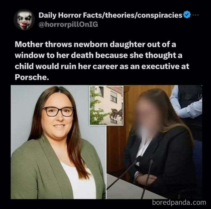Post from horror pill group about a mother throwing her newborn daughter to death, with images of the woman and location.