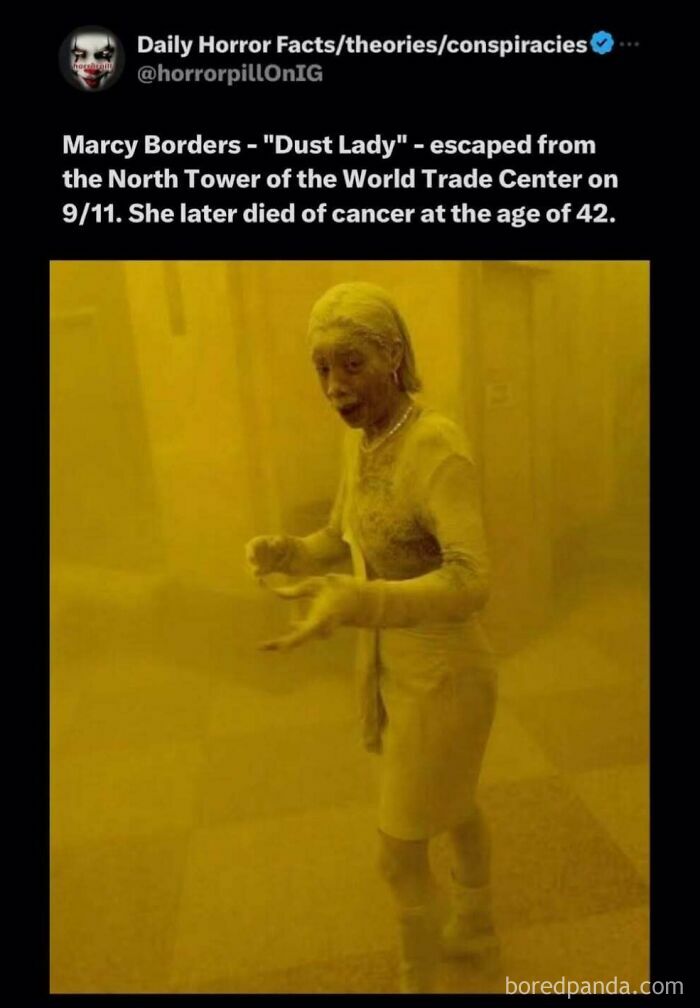 Woman covered in dust escaping the North Tower on 9/11, featured in unsettling images from the Horror Pill online group.