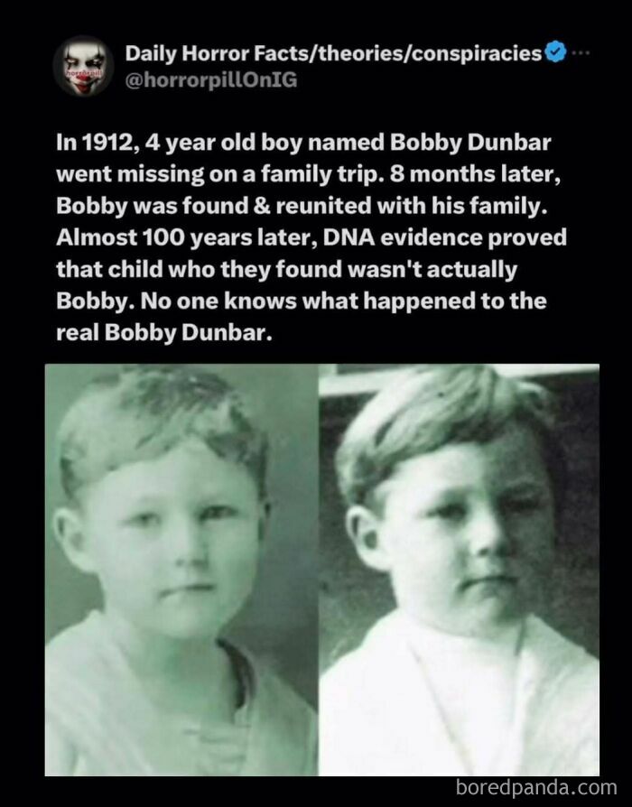 Black and white photos of two young boys alongside an unsettling horror pill fact about Bobby Dunbar's identity mystery.
