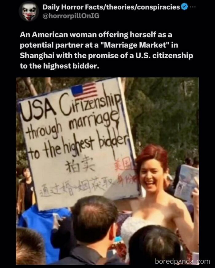 Woman in a white dress holding a sign about USA citizenship through marriage, a disturbing image from horror pill group content.