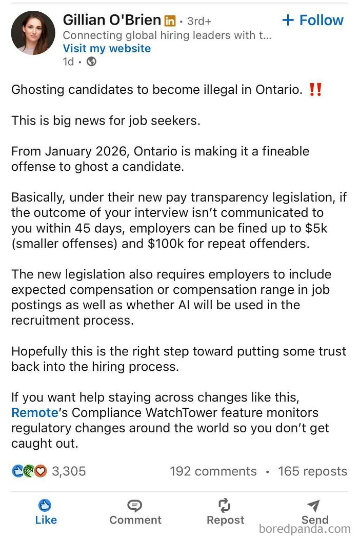 LinkedIn post discussing new job requirements and legislation impacting hiring transparency and candidate ghosting in Ontario.