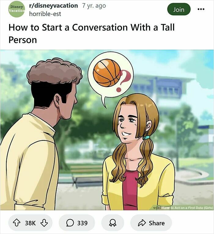 Two people talking outdoors with a speech bubble containing a basketball, funny WikiHow caption rewrite.