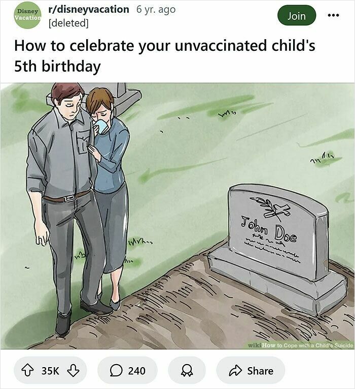Couple grieving at a gravesite in a humorous rewrite of WikiHow captions about a child's birthday celebration.