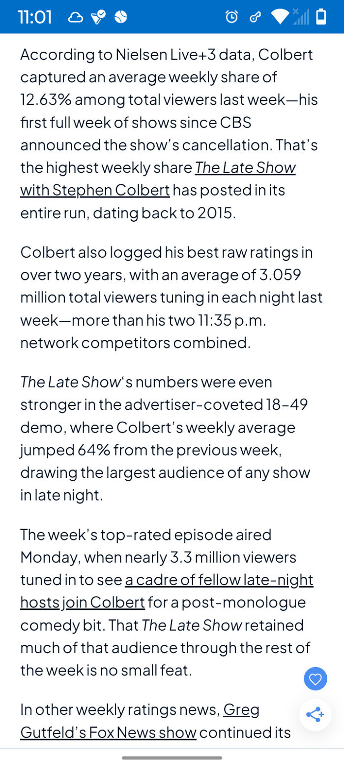 Screenshot of Nielsen Live+3 data showing viewer ratings and weekly share statistics for The Late Show with Stephen Colbert.
