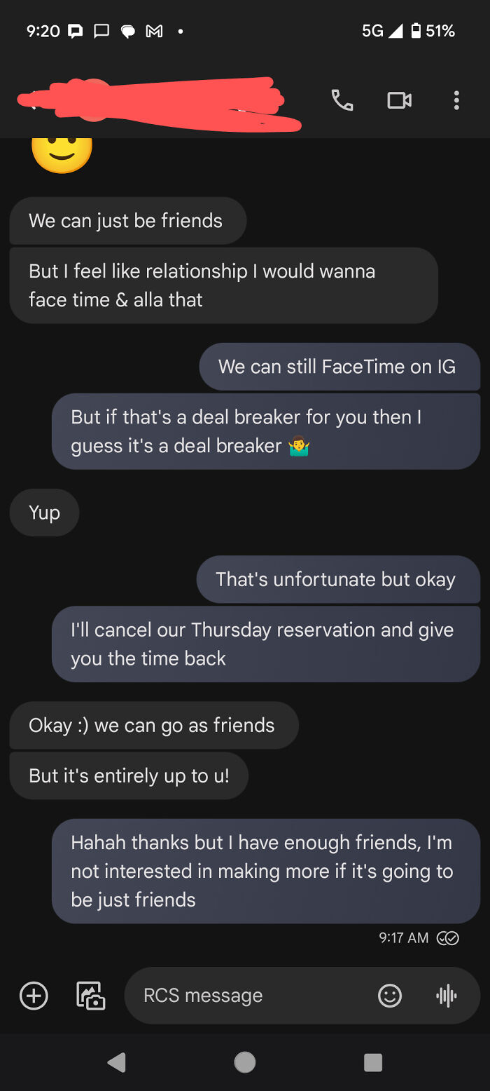 Text message conversation showing toxic behavior from a nice girl refusing to be just friends and canceling plans.