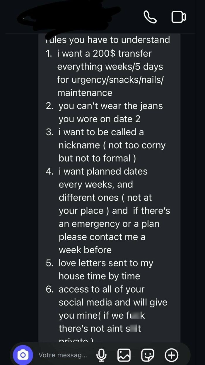 Screenshot of a toxic relationship message listing controlling and unreasonable demands from a partner.