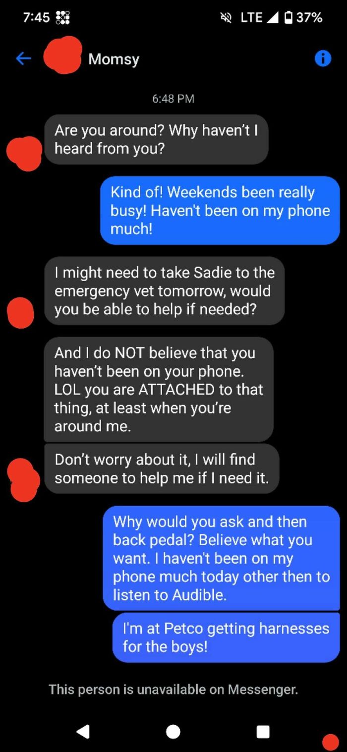 Text message conversation showing toxic behavior from a nice girl doubting phone usage and refusing help despite requests.