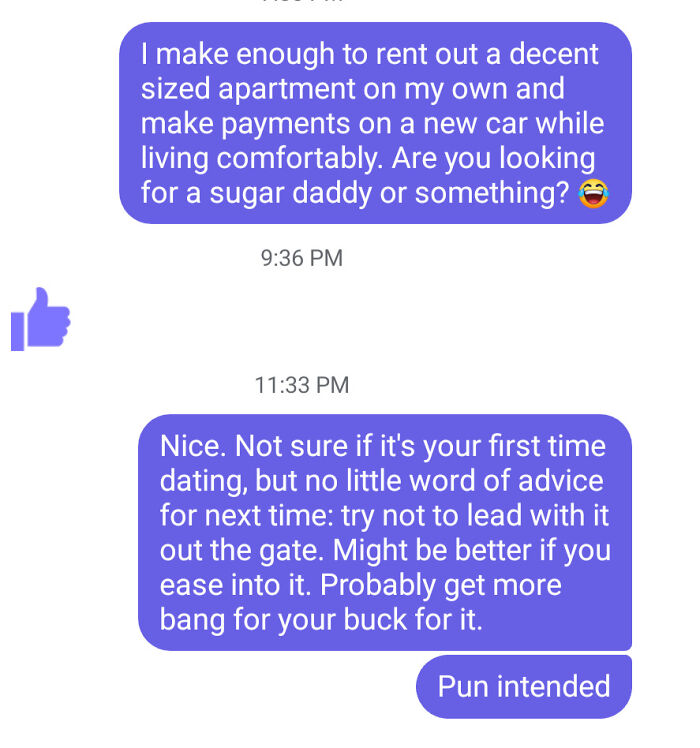 Text message exchange showing a woman asserting independence, with toxic dating advice from another person.