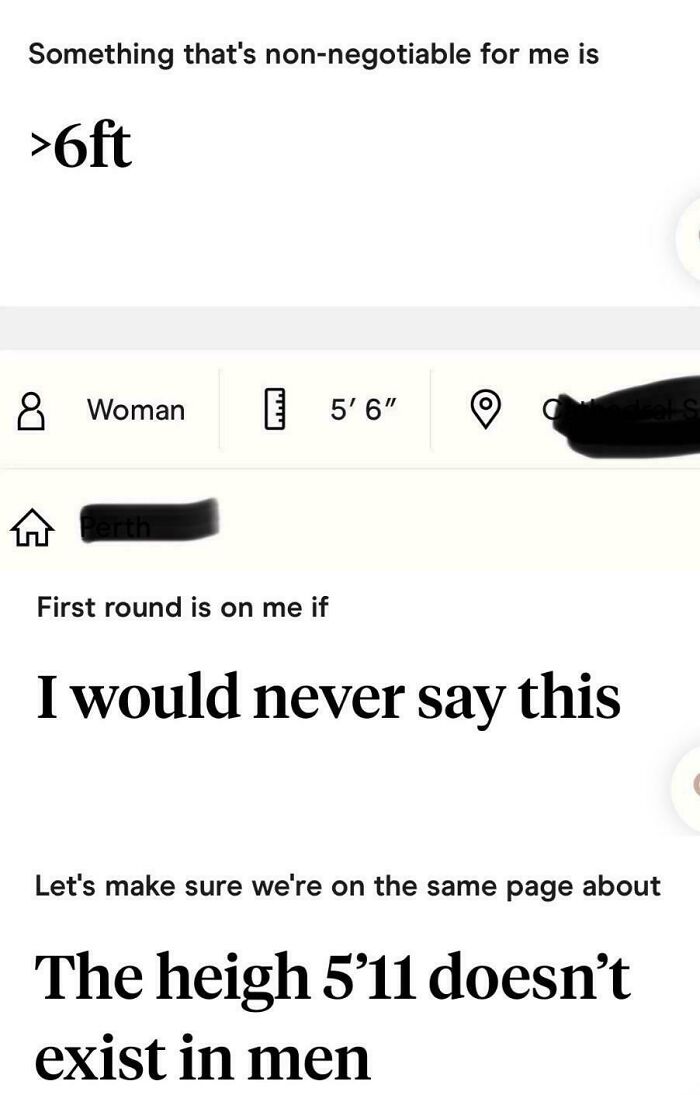 Screenshot of a dating profile highlighting toxic behaviors of nice girls with height and non-negotiable preferences.