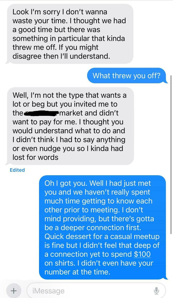 Text message exchange showing toxic behavior of nice girls discussing expectations and money during a casual meetup.