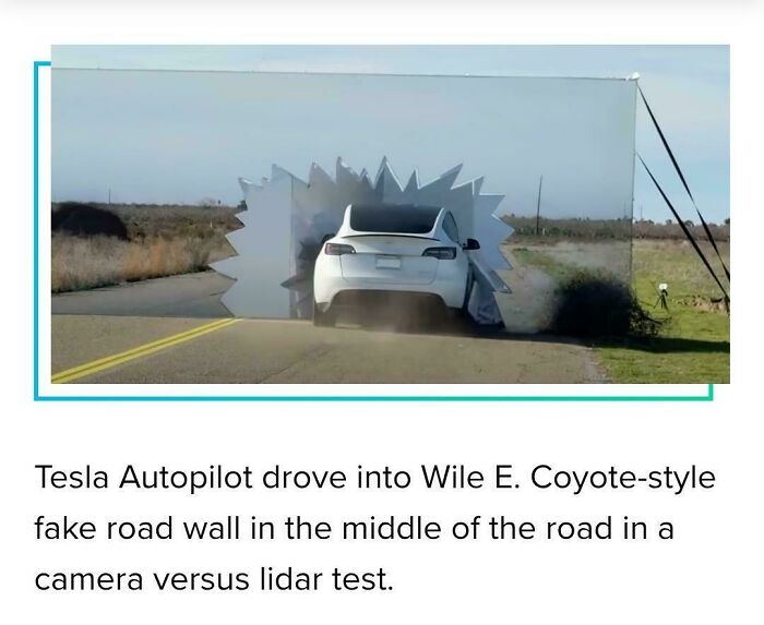 Tesla Autopilot crashes into fake road wall in Wile E. Coyote style during camera versus lidar test on a rural road.