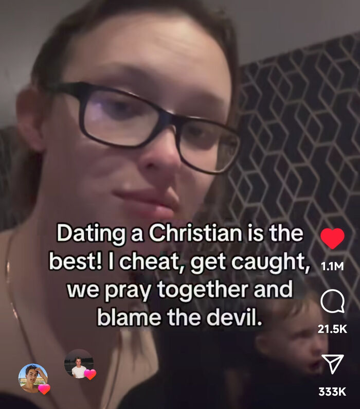 Person with glasses sharing a humorous quote about dating a Christian in a casual indoor setting for viral sentences collection.