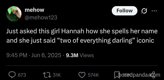 Tweet showing a unique sentence from Hannah about spelling her name, featured in 85 times people said sentences only they could have come up with.