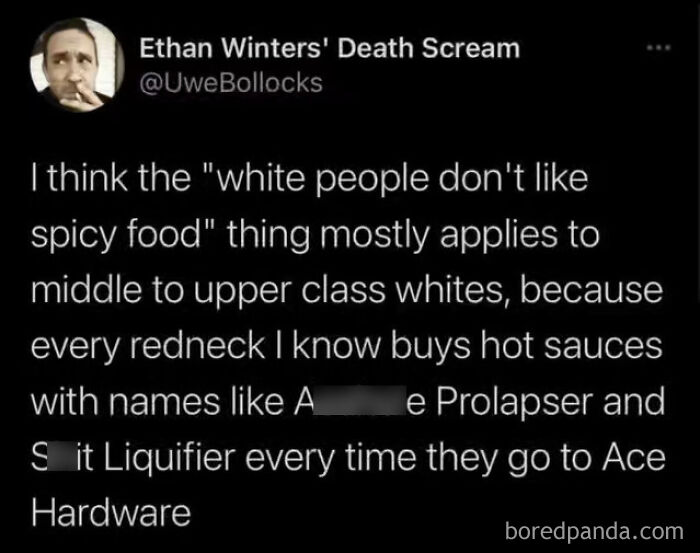 Tweet highlighting a unique statement about spicy food preferences, fitting the theme of people saying unusual sentences.