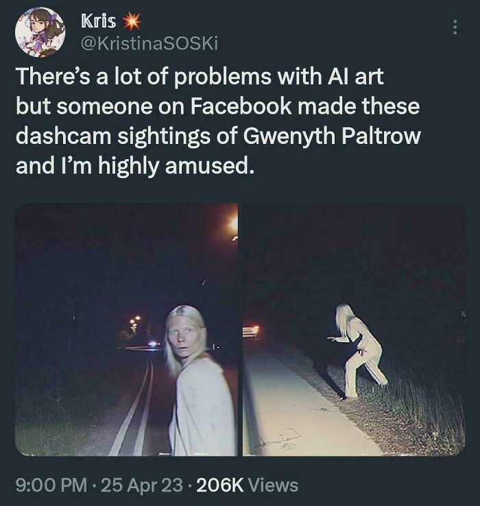 Tweet about AI art and dashcam sightings with two night images of a woman resembling Gwyneth Paltrow, highly amusing and unique.