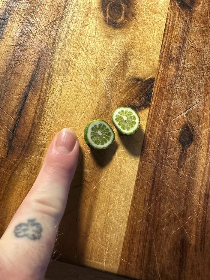 Tiny green fruit halves on a wooden cutting board with a finger next to them for size comparison in harvesting.
