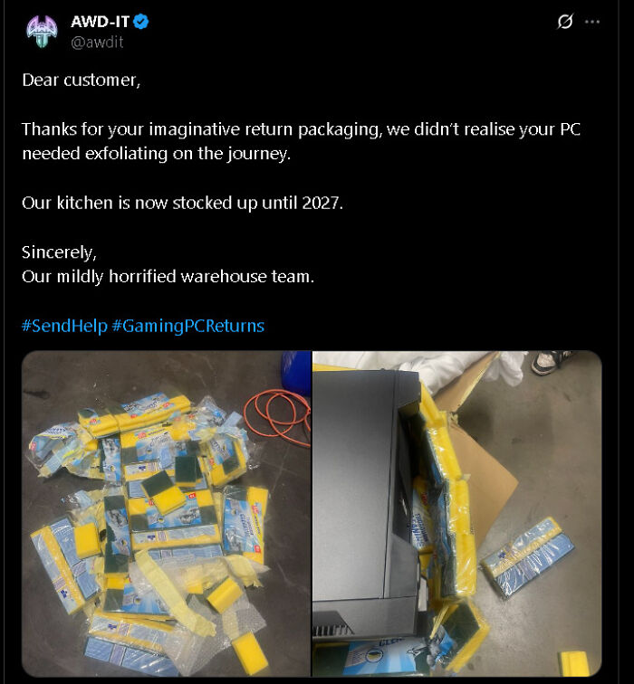 Tech support workers share a humorous gaming PC return with excessive kitchen sponges and packaging in a warehouse setting.