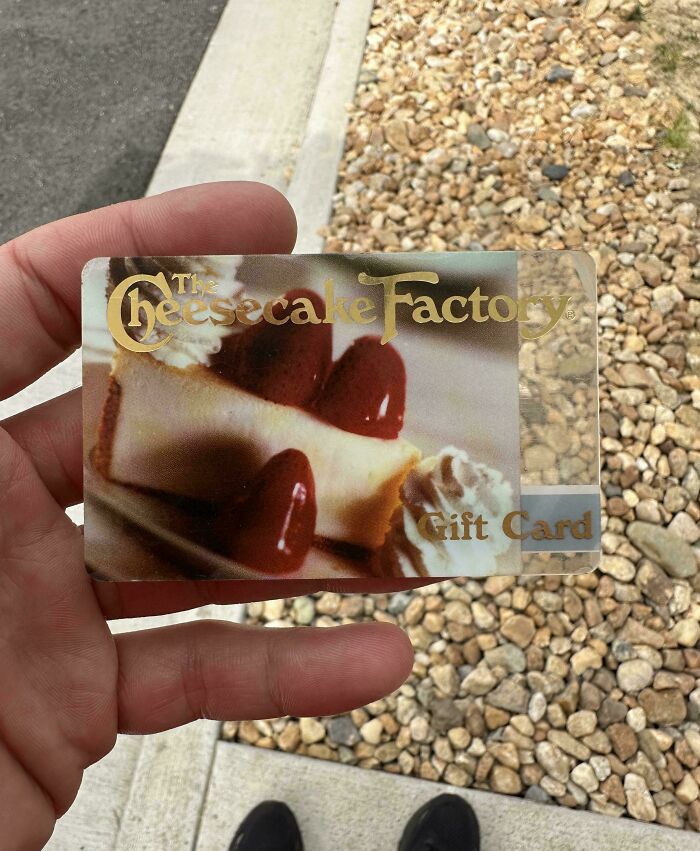 Hand holding a Cheesecake Factory gift card found while dumpster diving treasures in a neighborhood setting.