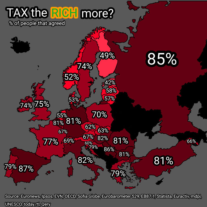 Map data showing percentage of people in European countries agreeing to tax the rich more, highlighting curiosity and interesting insights.