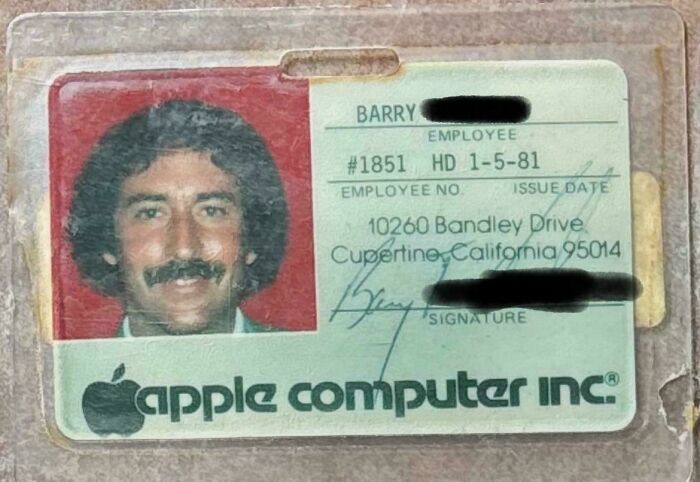 Vintage Apple employee ID card from the 1980s with photo and signature, a moderately interesting tech relic shared online.