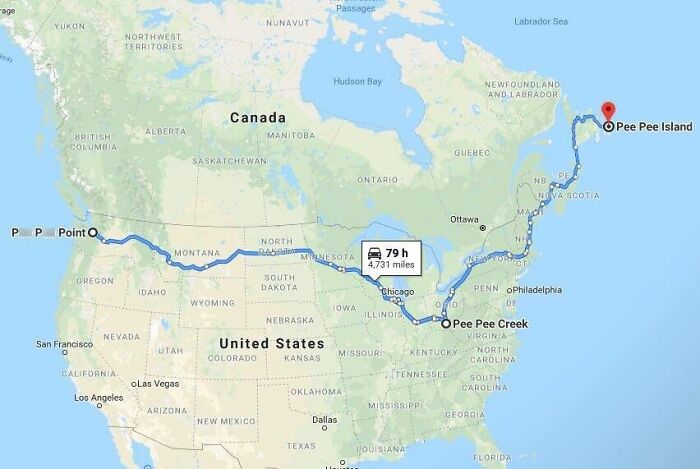 Map showing a 4,731-mile route across the US and Canada including unusual place names Pee Pee Creek and Pee Pee Island.