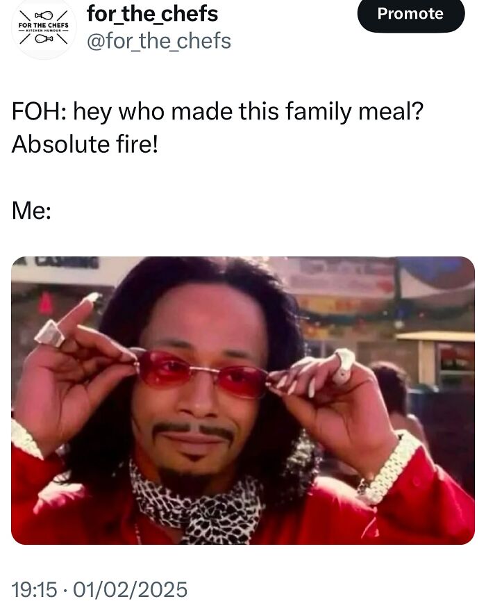 Chef meme showing a man adjusting red glasses with a confident smile, perfect for relatable chef humor and cooking jokes.