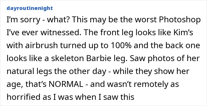 Comment highlighting Kris Jenner's Photoshop fail, describing a skeleton Barbie leg effect on her edited photo.