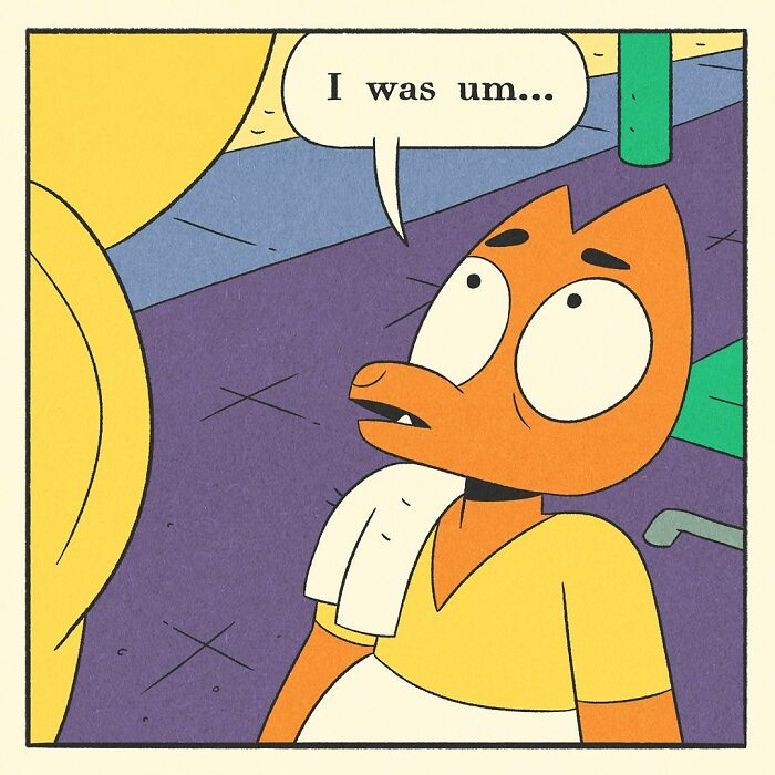 Bodybuilding duck with muscular arms sitting on a green gym bench by the beach with a surprised expression.