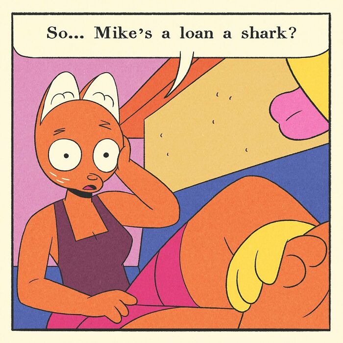 Comic panel showing a colorful balcony with a speech bubble about being offered a job, part of a bodybuilding duck story.