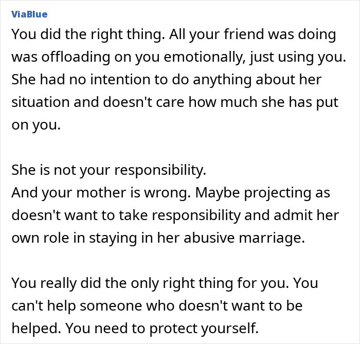 Text post showing advice about cutting off a friend who stayed in an abusive marriage for self-protection and emotional boundaries.