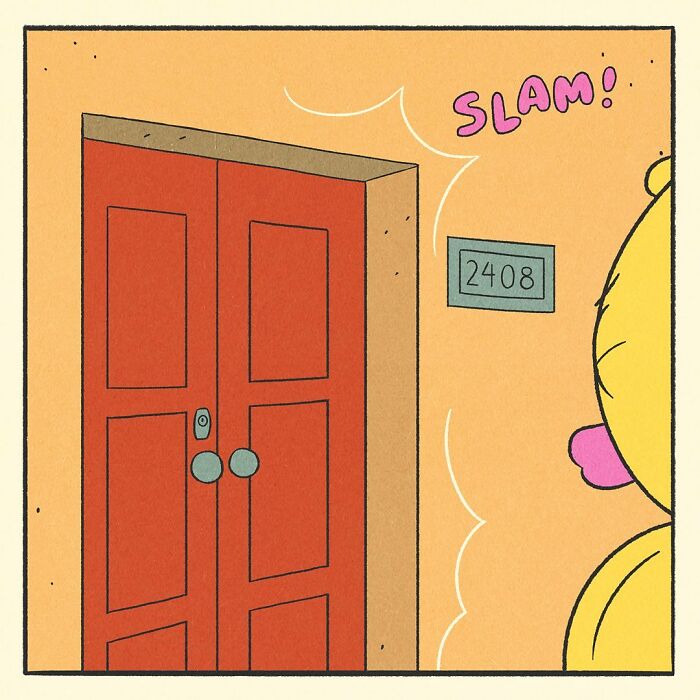 Bodybuilding duck locking a pink bicycle on a suburban street in a comic style with bright colors and clear sky background.