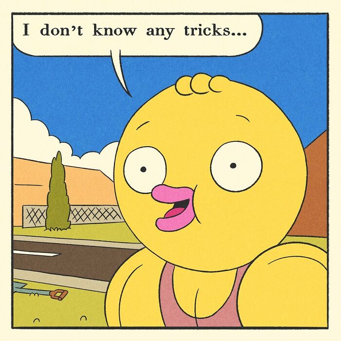 Bodybuilding duck cartoon character with a worried expression saying oh that's no good in a comic panel.