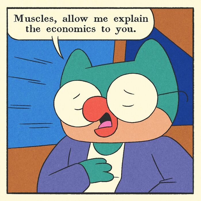 Comic panel featuring a bodybuilding duck driving a red car with a cat passenger, showcasing the character’s soft heart.